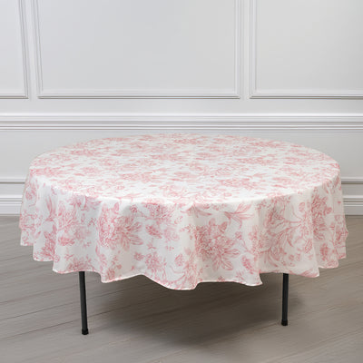 Polyester Round Tablecloth 90" White with Pink French Toile Pattern - Sophisticated Table Cover for Chic Weddings & Events