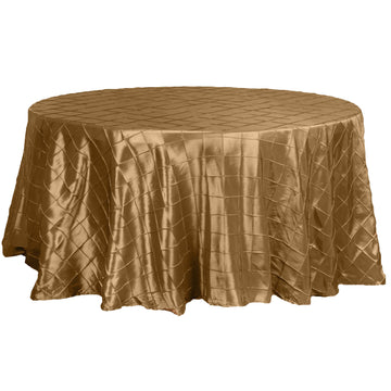 Add Elegance to Your Event with the Gold Pintuck Round Seamless Tablecloth 120