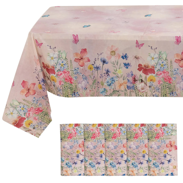 5 Pack Blush Rectangle Plastic Table Covers with Butterfly Floral Print, PVC Waterproof Disposable