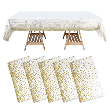 5 Pack White Rectangle Plastic Table Covers with Gold Confetti Dots, 54"x108" PVC Waterproof Disposable Tablecloths