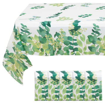 5 Pack White Green Rectangle Plastic Table Covers with Eucalyptus Leaves Print, 54"x108" PVC Waterproof Disposable Tablecloths