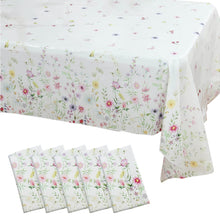 5 Pack White Green Spring Floral Rectangle Plastic Tablecloths, PVC Waterproof Disposable