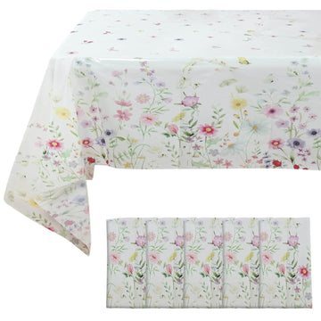 5 Pack White Green Spring Floral Rectangle Plastic Tablecloths, PVC Waterproof Disposable Table Covers with Wild Flowers Butterfly Print - 54"x108"