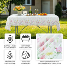 5 Pack White Green Spring Floral Rectangle Plastic Tablecloths, PVC Waterproof Disposable