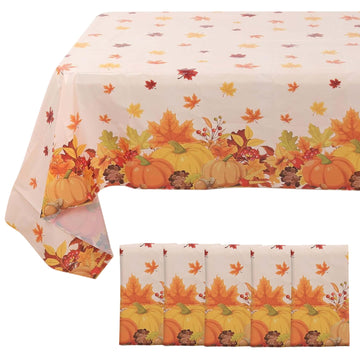 5 Pack Orange Thanksgiving Rectangle Plastic Tablecloths, PVC Waterproof Disposable Table Covers with Fall Autumn Leaves Pumpkin Print - 54"x108"