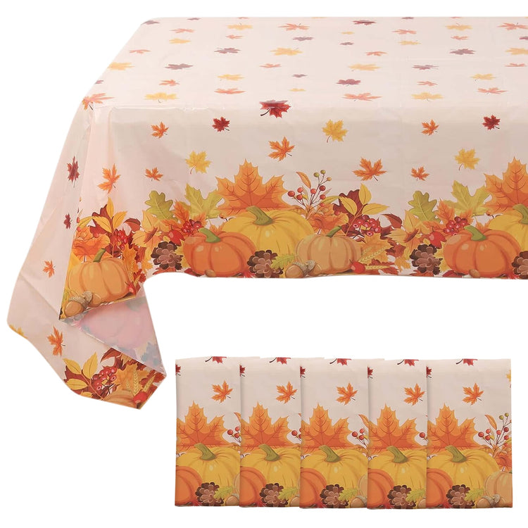 5 Pack Orange Thanksgiving Rectangle Plastic Tablecloths, PVC Waterproof Disposable Table Covers