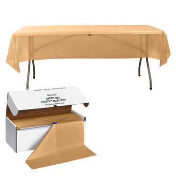 Gold Plastic Table Cover Roll in A Cut-to-Size Box with Slide Cutter, Cuts Up to 36 Rectangle 8 Feet Disposable Tablecloths - 54"x300ft