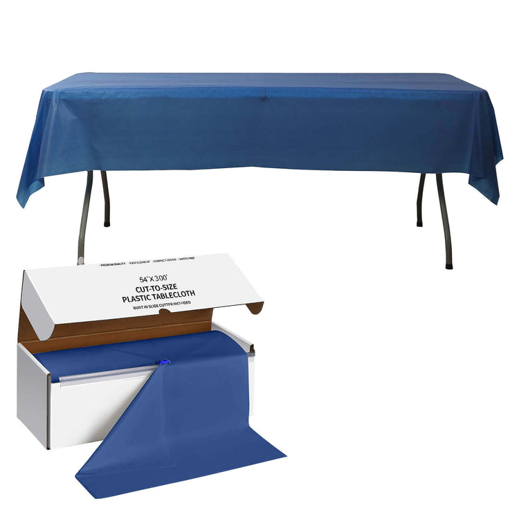 Navy Blue Plastic Table Cover Roll in A Cut-to-Size Box with Slide Cutter, Cuts Up to 36 Rectangle