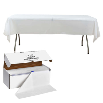 White Plastic Table Cover Roll in A Cut-to-Size Box with Slide Cutter, Cuts Up to 36 Rectangle 8 Feet Disposable Tablecloths - 54"x300ft