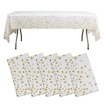 5 Pack White Rectangle Plastic Table Covers with Gold Stars, 54"x108" PVC Waterproof Disposable Tablecloths