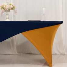 Navy Blue Gold Cross Over Stretch Spandex Table Cover 6ft Rectangular Fitted Tablecloth