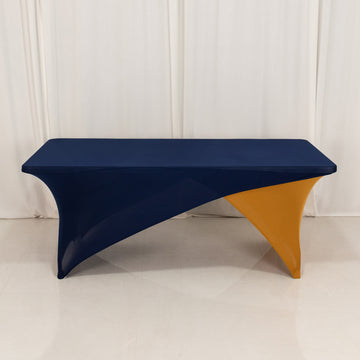 <span style="background-color:transparent;color:#111111;">Sophisticated Style with Stretch: Navy blue Gold Cross Over Stretch Spandex Table Cover</span>