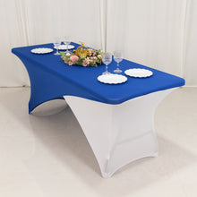 Royal Blue White Cross Over Stretch Spandex Table Cover 6ft Rectangular Fitted Tablecloth