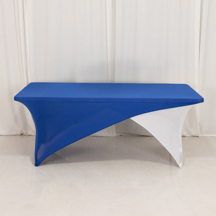 Royal Blue White Cross Over Stretch Spandex Table Cover 6ft Rectangular Fitted Tablecloth