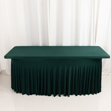 Hunter Emerald Green Wavy Spandex Fitted Rectangle 1-Piece Tablecloth Table Skirt 6ft, Stretchy Table Skirt Cover with Ruffles For 72"x30" Tables