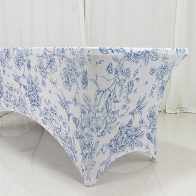Spandex Fitted Rectangle Tablecloth 6ft – White & Blue French Toile Wrinkle-Free Stretch Table Cover