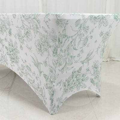 Spandex Fitted Rectangle Tablecloth 6ft – White & Dusty Sage Green French Toile Wrinkle-Free Stretch Table Cover