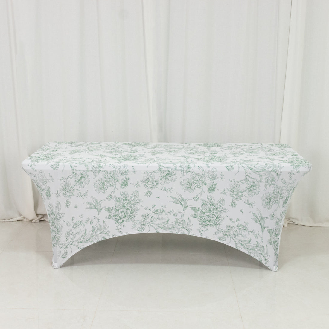 Spandex Fitted Rectangle Tablecloth 6ft – White & Dusty Sage Green French Toile Wrinkle-Free
