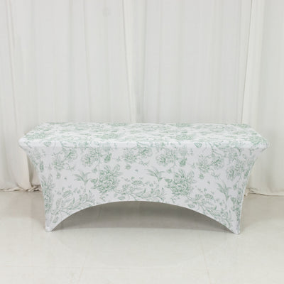 Spandex Fitted Rectangle Tablecloth 6ft – White & Dusty Sage Green French Toile Wrinkle-Free Stretch Table Cover