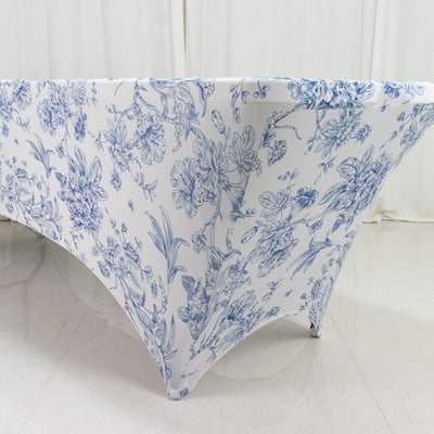Spandex Fitted Rectangle Tablecloth 8ft – White & Blue French Toile Wrinkle-Free Stretch Table Cover