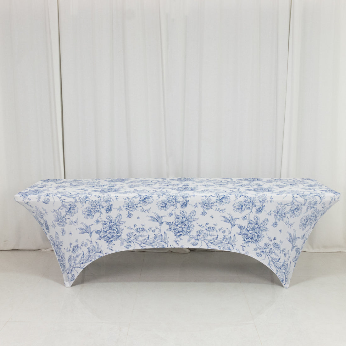Spandex Fitted Rectangle Tablecloth 8ft – White & Blue French Toile Wrinkle-Free Stretch