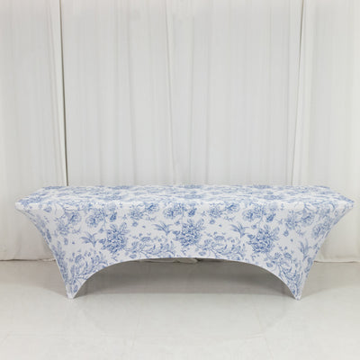 Spandex Fitted Rectangle Tablecloth 8ft – White & Blue French Toile Wrinkle-Free Stretch Table Cover