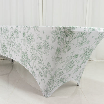 Spandex Fitted Rectangle Tablecloth 8ft – White & Dusty Sage Green French Toile Wrinkle-Free Stretch Table Cover