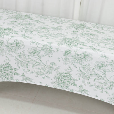 Spandex Fitted Rectangle Tablecloth 8ft – White & Dusty Sage Green French Toile Wrinkle-Free Stretch Table Cover