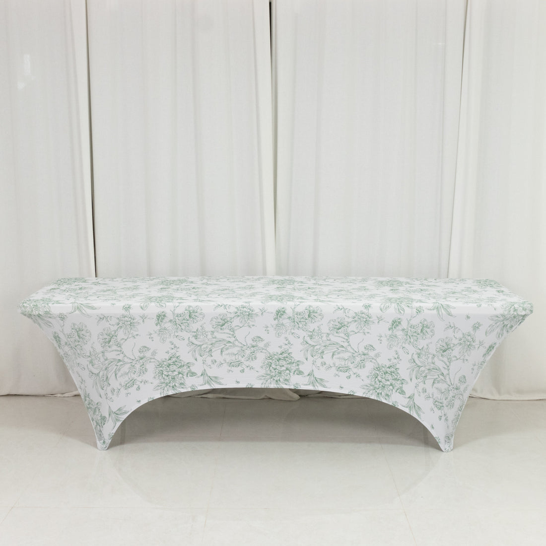 Spandex Fitted Rectangle Tablecloth 8ft – White & Dusty Sage Green French Toile