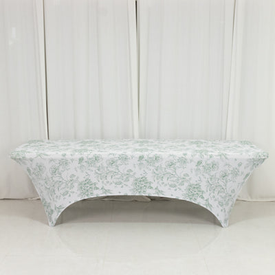 Spandex Fitted Rectangle Tablecloth 8ft – White & Dusty Sage Green French Toile Wrinkle-Free Stretch Table Cover