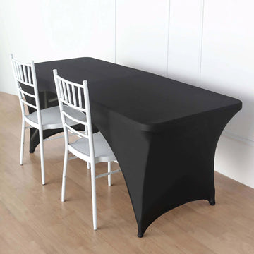 Black Open Back Stretch Spandex Table Cover 8ft Rectangular Fitted Tablecloth For 96"x30" Tables