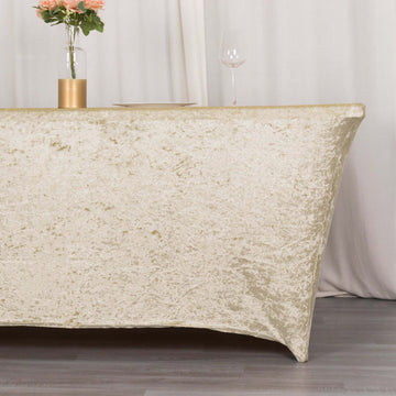 Beige Crushed Velvet Stretch Fitted Rectangular Table Cover 6ft