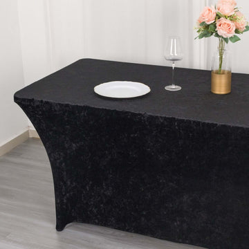 Elevate Your Event with the Black Crushed Velvet Stretch Fitted Rectangular Table Cover 6ft