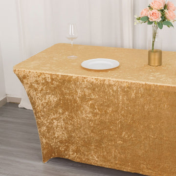 Elevate Your Event with the Champagne Crushed Velvet Stretch Fitted Rectangular Table Cover