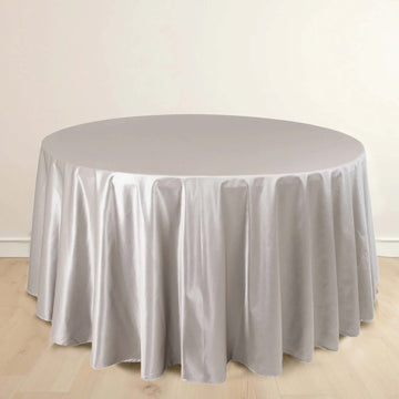 Shimmer Silver Premium Scuba Round Tablecloth, Wrinkle Free Seamless Polyester Tablecloth - 120" for 5 Foot Table With Floor-Length Drop