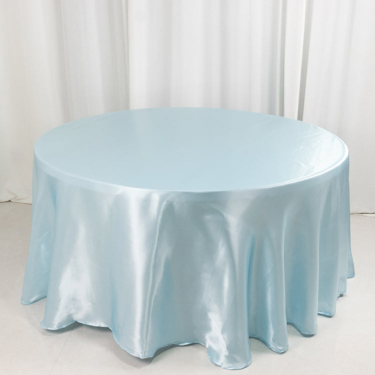 Light Blue Smooth Seamless Satin Round Tablecloth 120inch for 5 Foot Table With Floor-Length Drop