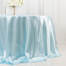 Light Blue Seamless Satin Round Tablecloth 132inch for 6 Foot Table With Floor-Length Drop