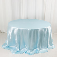 Light Blue Seamless Satin Round Tablecloth 132inch for 6 Foot Table With Floor-Length Drop