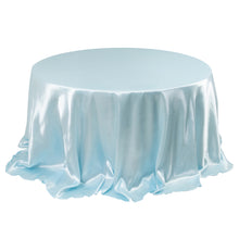 Light Blue Seamless Satin Round Tablecloth 132inch for 6 Foot Table With Floor-Length Drop