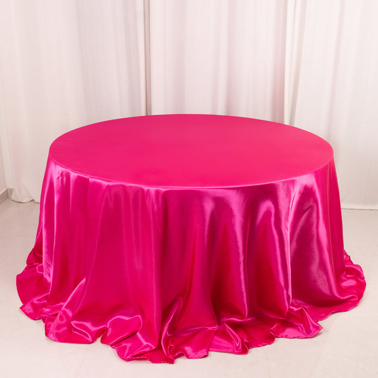 Fuchsia Seamless Satin Round Tablecloth 132inch for 6 Foot Table With Floor-Length Drop