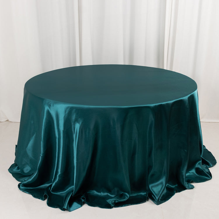 Peacock Teal Seamless Satin Round Tablecloth 132inch for 6 Foot Table With Floor-Length Drop