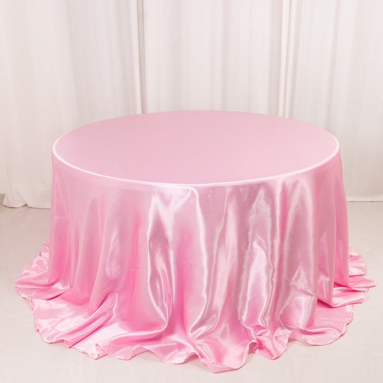 Pink Seamless Satin Round Tablecloth 132inch for 6 Foot Table With Floor-Length Drop