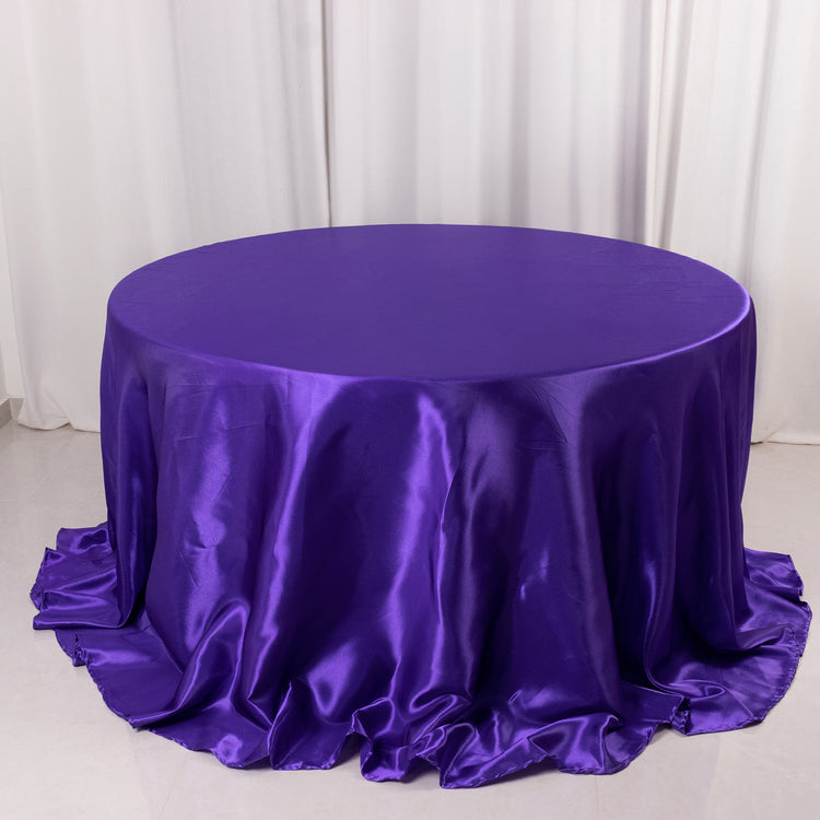 Purple Seamless Satin Round Tablecloth 132inch for 6 Foot Table With Floor-Length Drop