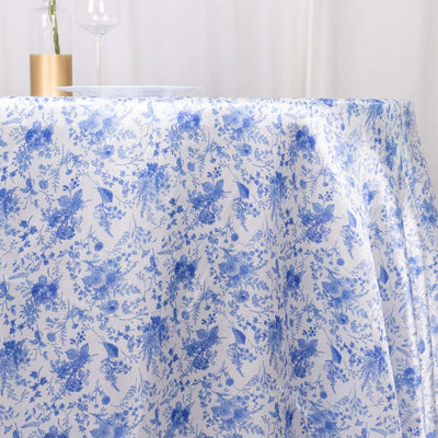 Satin Round Tablecloth 120" White/Blue French Toile Design - Seamless, Polished & Wrinkle-Resistant Table Cover