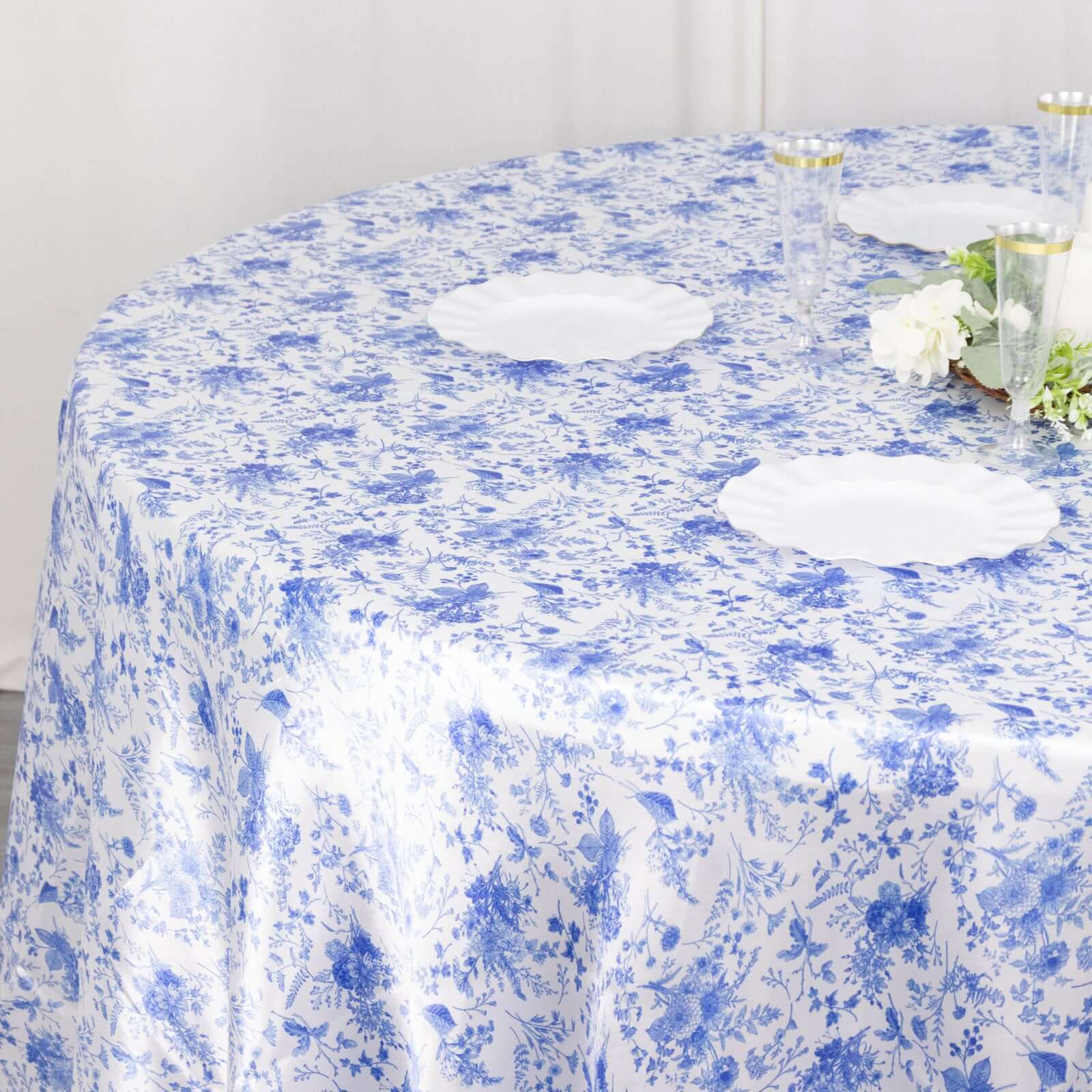 5 Pack White Blue Chinoiserie Floral Print Satin Cloth Dinner