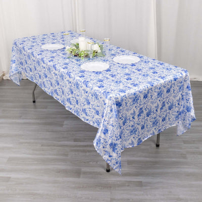 Satin Rectangular Tablecloth 60"x102" White/Blue French Toile Design - Reusable, Polished & Wrinkle-Resistant Table Cover