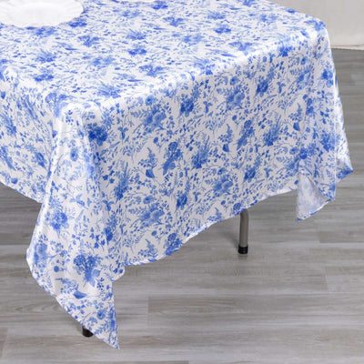 Satin Rectangular Tablecloth 60"x102" White/Blue French Toile Design - Reusable, Polished & Wrinkle-Resistant Table Cover