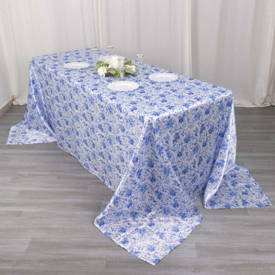Satin Rectangular Tablecloth 90"x132" White/Blue French Toile Design - Seamless, Polished & Wrinkle-Resistant Table Cover