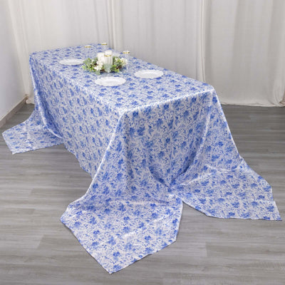 Satin Rectangular Tablecloth 90"x156" White/Blue French Toile Design - Seamless, Polished & Wrinkle-Resistant Table Cover