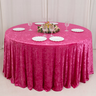 Premium Crushed Velvet Round Tablecloth 120" Fuchsia - Seamless Soft & Reusable Table Cover